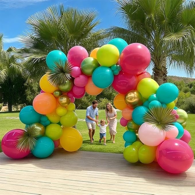 Tropical Balloons Arch Double Stuffed Hot Pink Green Balloons Pastel Yellow Orange Gold Balloon Garland Teal Blue Balloon for Birthday Baby Shower Hawaiian Summer Luau Easter Party Decorations