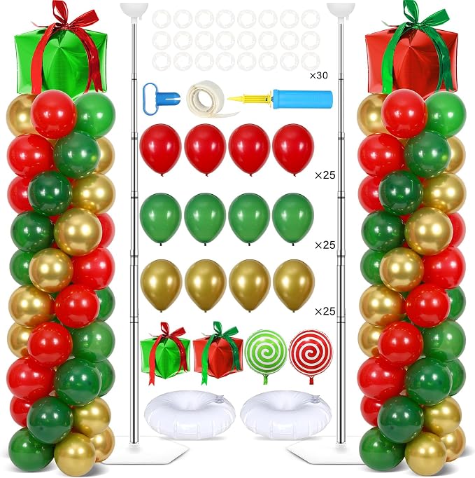 2 Sets Christmas Party Balloon Column Stand Kit With 102 Christmas Gift Boxes Foil Balloons 5.57Ft Adjustable Balloon Tower Stand With Base Adjustable Arch Column for Xmas Birthday Party Supplies