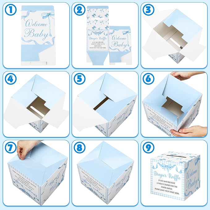 Teling 51 Pieces Diaper Raffle Tickets with Card Box Baby Shower Decorations Gender Reveal Holder Box for Girl Boy Diaper Raffle Party (Blue Bow)