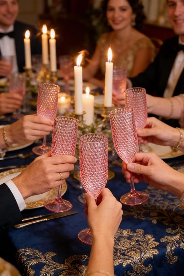 Pesonlook 24 Pack Plastic Champagne Glasses Pink Reusable Diamond Crystal Clear Wine Glasses Diamond Wine Cups Vintage Drinking Glasses for Wedding Reception, Grand Event Party Supplies