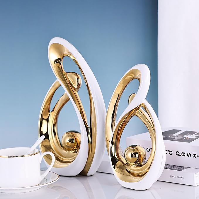 Home Decor Accent,Porcelain Art Mid Century Bookshelf Decorations,Gold Centerpieces for Tables,Abstract Ceramic Statue Sculpture for Coffee Table Mantel Tv Stand Centerpieces (White Gold, Large)