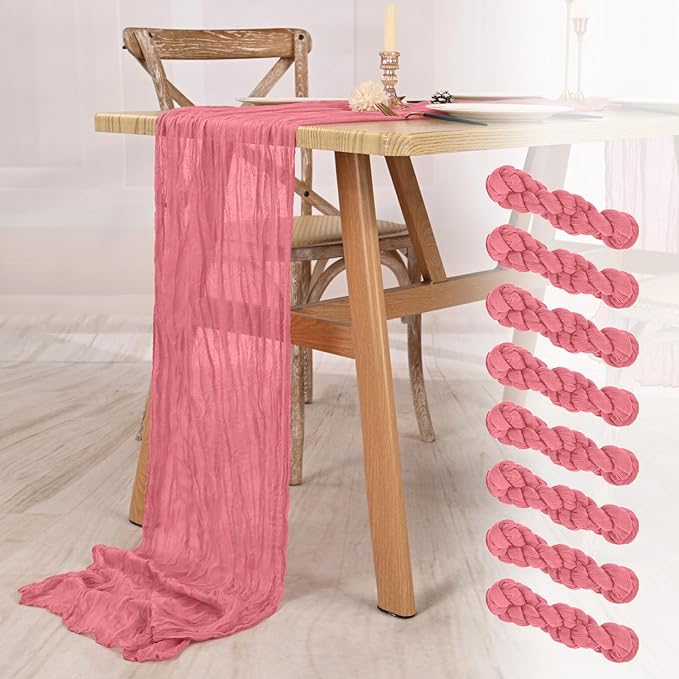 8 Pack Dusty Rose Cheesecloth Table Runner 10FT Boho Gauze Cheese Cloth Table Runner Rustic Sheer Fabric Table Runners for Wedding Bridal Shower Baby Shower Party(21.5×120 Inch)