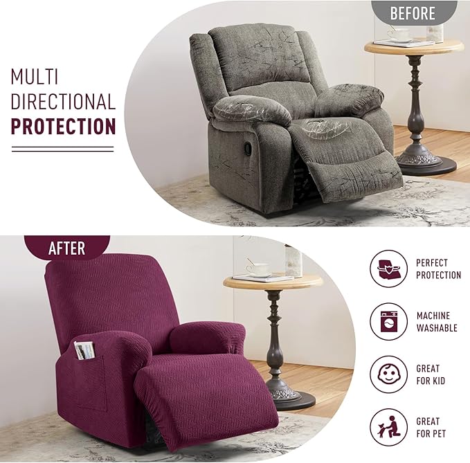 KinCam Recliner Covers, Stretch Reclining Chair Covers, Recliner Sofa Slipcovers Stripe Jacquard Recliner Couch Covers Furniture Protector Covers (1 XL Seater, Burgundy)