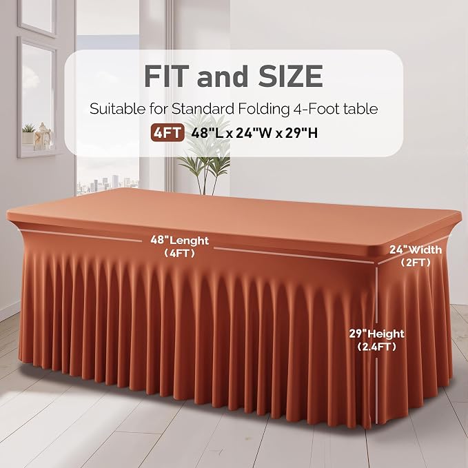 2 Packs Terracotta Spandex Tableclothes for 4 Foot Rectangle Tables, Wrinkle Free 4ft Fitted Table Cover Stretch Table Cloth Desk Skirt for Weddings Baby Shower Birthday Party Banquet Decorations