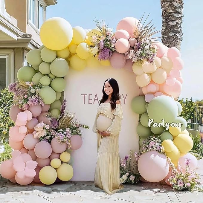 Pink Green Yellow Balloon Arch Double Stuffed, Dusty Green Light Yellow Mauve Ivory Pastel Balloon Garland Kit for Baby Shower Birthday Bridal Wedding Flower Mothers Day Party Decoration