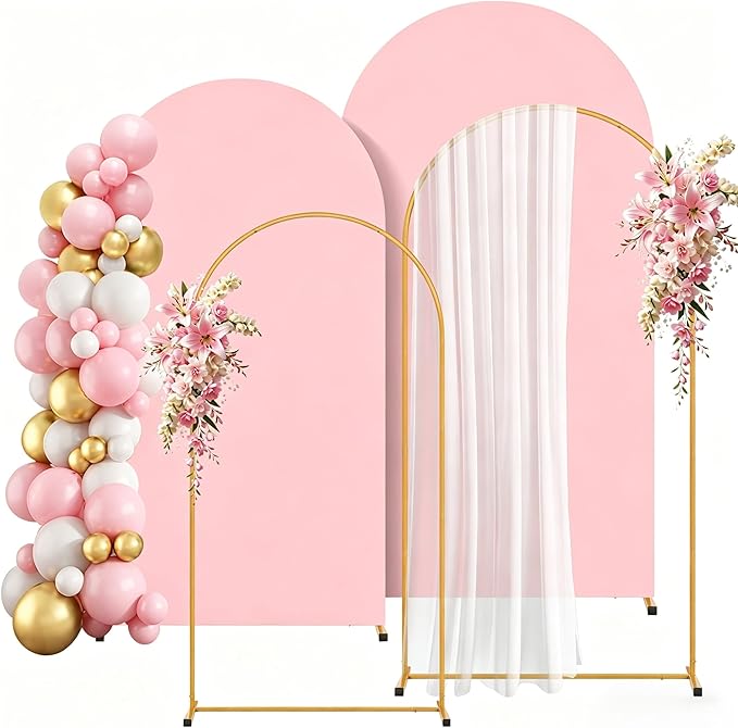 2 Pack Arch Backdrop Stand and Cover Set (7.2FT/6FT), Balloon Arch Stand, Metal Background Arch Stand, Backdrop Arch Frame, Wedding Arch for Backdrop (Pink Cover)