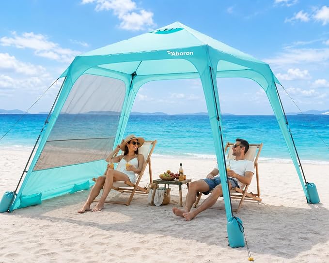 Slsy Beach Tent 10 x 10 FT, Beach Shelter with Removable Side Wall, UPF 50+ Sun Protection Canopy Cabana, Easy Setup Shade with Sandbags, Stakes & Guy Lines, Wind Resistant, Fits 6-8 People