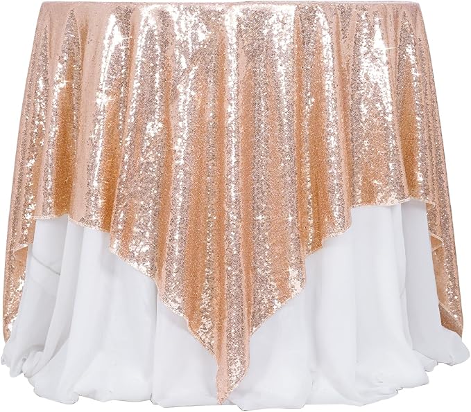 Poise3EHome Rose Gold Sequin Tablecloth 90×90 Inch Square Sequin Fabric Table Cover Overlay for Baby Shower Birthday Party Wedding Holiday Cake Table Decoration