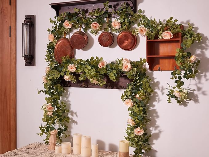 PARTY JOY 6.56ft Eucalyptus Garland with Flowers-8 Pink Roses-Lush,Natural Looking, Floral Garland Greenery for Party Wedding Table Indoor Outdoor Backdrop Wall Decor（Pink,1）