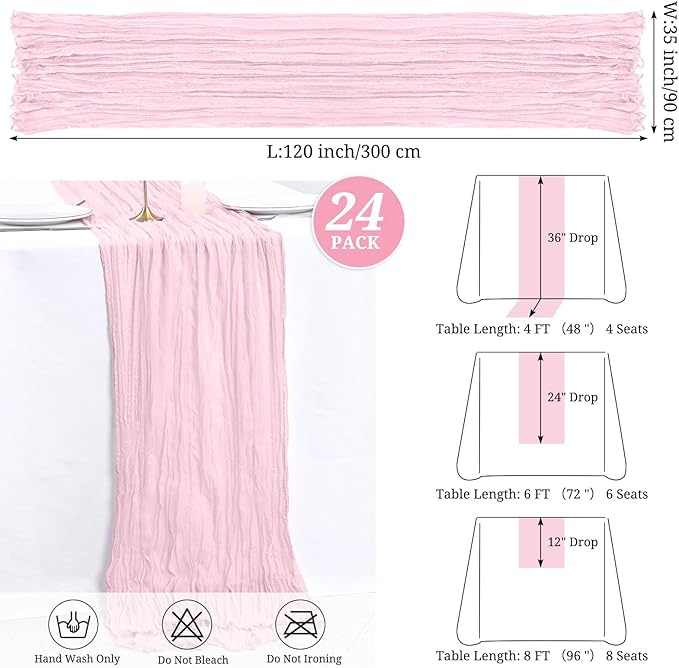24 Pack Light Pink Cheesecloth Table Runner,10FT Boho Gauze Table Runners,35 x 120 inch Rustic Long Sheer Fabric Cheese Cloth Table Runner for Wedding Party Bridal Shower Christmas Decorations