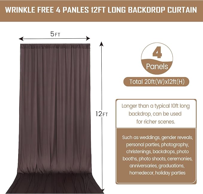 20ftx12ft Brown Backdrop Curtains for Wedding-Wrinkle Free Backdrops Curtain Drapes Fabric Decorations Photo Back Drop Cloth for Baby Shower Photography Stage Reception 4Panels 12ft(H) x 5ft(W)