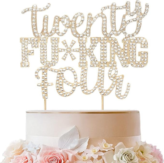 LINGTEER Happy 24th Birthday Funny Gold Rhinestone Cake Topper - Cheers to 24 Years Old Birthday Party Cake Centerpieces Topper Decorations Gift Sign.