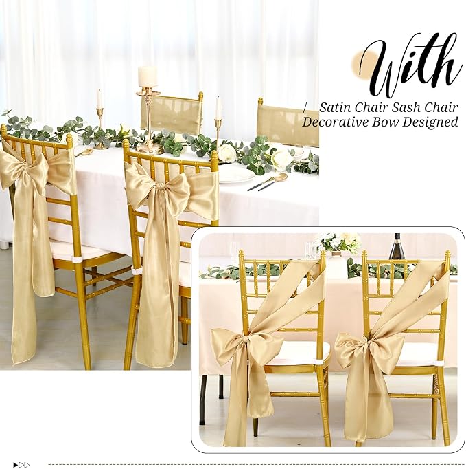 Pesonlook 60 PCS Champagne Satin Chair Sashes Bows Satin Sashes Universal Chair Cover for Wedding Reception Restaurant Event Decoration Banquet,Party,Hotel Event Decorations (7 x 108 inch)