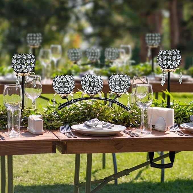 Set of 3 Crystal Tea Light Candlestick Holders Flower Shape with Crystal Pendant Bowl Votive Metal Candle Holder for Table Centerpieces Wedding Home Decor (Black+Gold)
