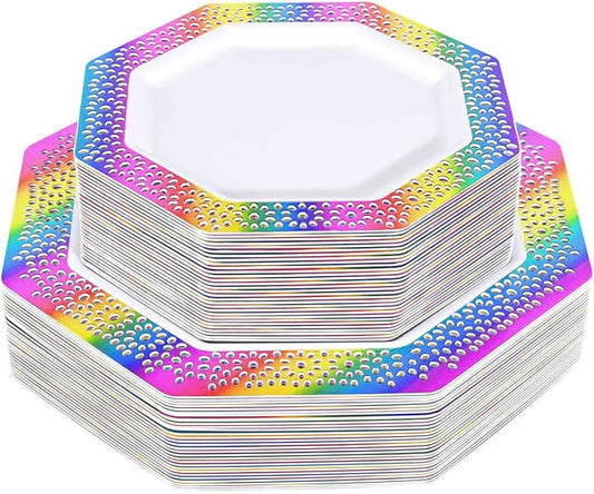 supernal 60pcs Rainbow Plastic Plates, White Disposable Plates with Rainbow Lace Design, including 30 Dinner Plate, 30 Dessert Plate for Wedding and Birthday Parties
