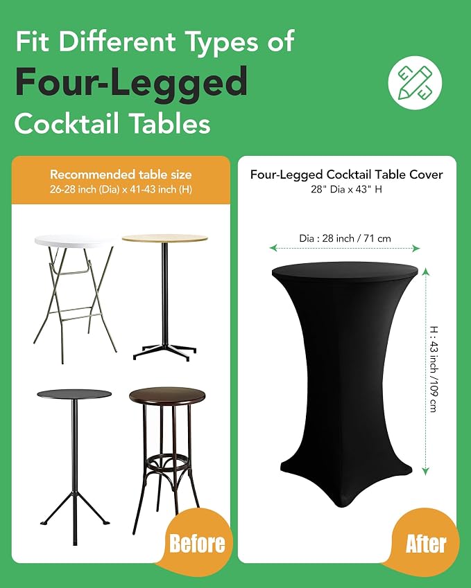 KeyWave Cocktail High Top Table Covers - 28x43 Inch Fitted Spandex Round Cocktail Tablecloth for Bar Height Standing Table Cloths Reusable, for Party Bistro Wedding Event Decorations, Black, 8 Pack