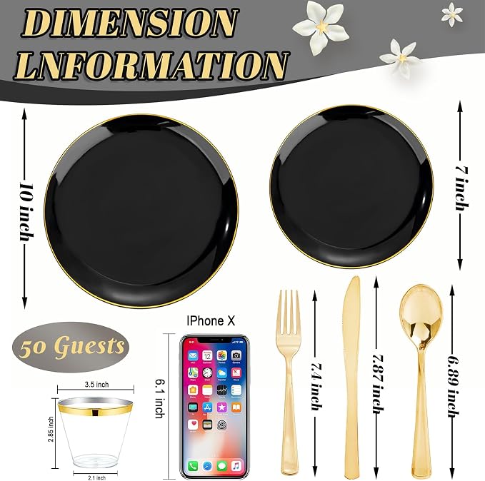 WDF 300PCS Black and Gold Plates - Black Plastic Plates for Party - 50 Guest Disposable Dinnerware Sets for Party/Wedding/Birthday/Halloween