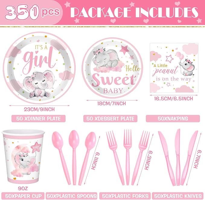 Dandat 350 Pcs Baby Shower Plates Set Baby Shower Party Supplies Serves 50 Tableware Sets Include Plates Napkin Cup Forks Knives Spoons Disposable Dinnerware(Elephant,Pink)
