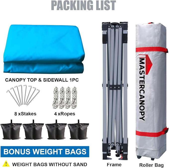 MASTERCANOPY 10x10 Pop Up Canopy Tent with 1 Sidewall, 1 Person Setup Instant Shelter, Outdoor Portable Beach Canopy, 1 Roller Bag, 4 Sandbags, 4 Ropes, 8 Stakes (10x10, Sky Blue)