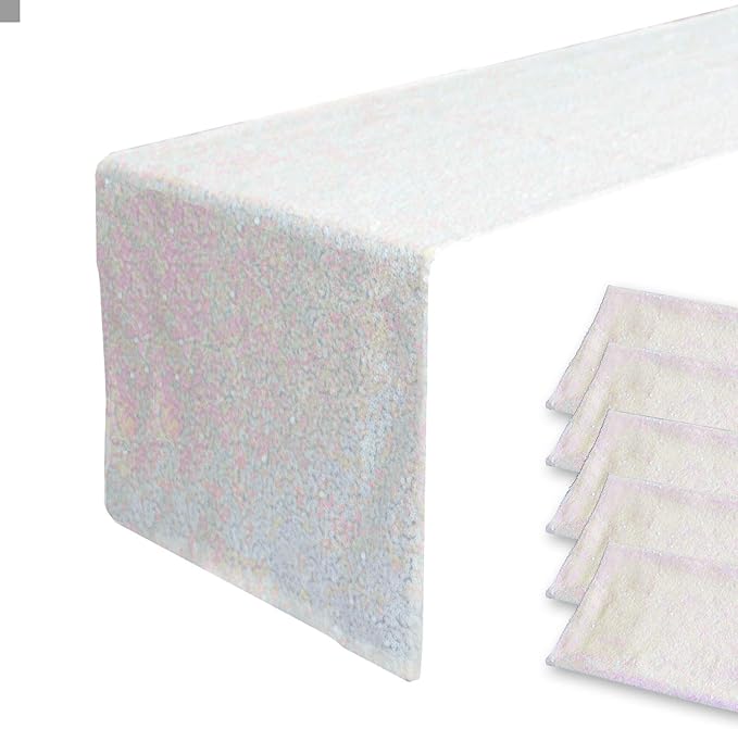 JYFLZQ Iridescent White Sequin Table Runner 12" x 72" Pack of 5 Sparkly White Metallic Table Runner Glitter Sequin Runner for Table Birthday Party Event Decorations