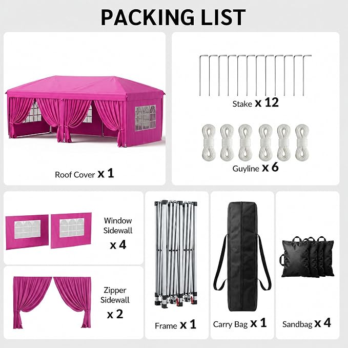 KIGOTY 10x20 FT Portable Pop Up Canopy Tent, Adjustable Height Instant Gazebo with Sidewalls, Sandbags, Waterproof Outdoor Canopy for Camping, Parties, Vendor Events (Pink, 3m × 6m with sidewalls)