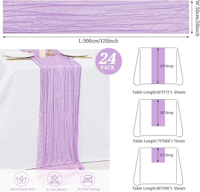 24 Pack Lavender Cheesecloth Table Runner ,10FT Cheese Cloth Table Runner for Wedding Decor, 20x120inch Rustic Boho Gauze Table Runners for Wedding Party Bridal Shower
