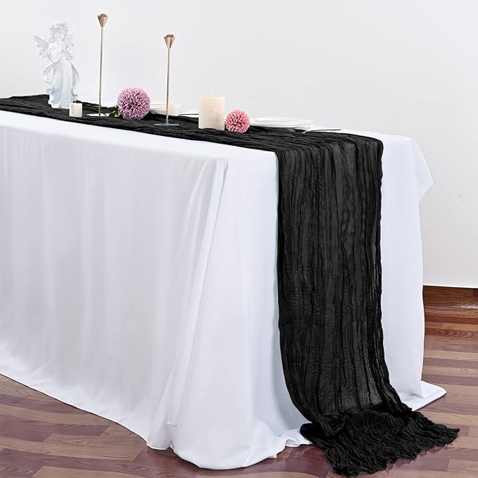 10 Pcs Black Cheesecloth Table Runner 10FT, Gauze Table Runner for Wedding Reception Sheer Bridal Shower Birthday Party Boho Table Decoration, Rustic Romantic Wedding Runner