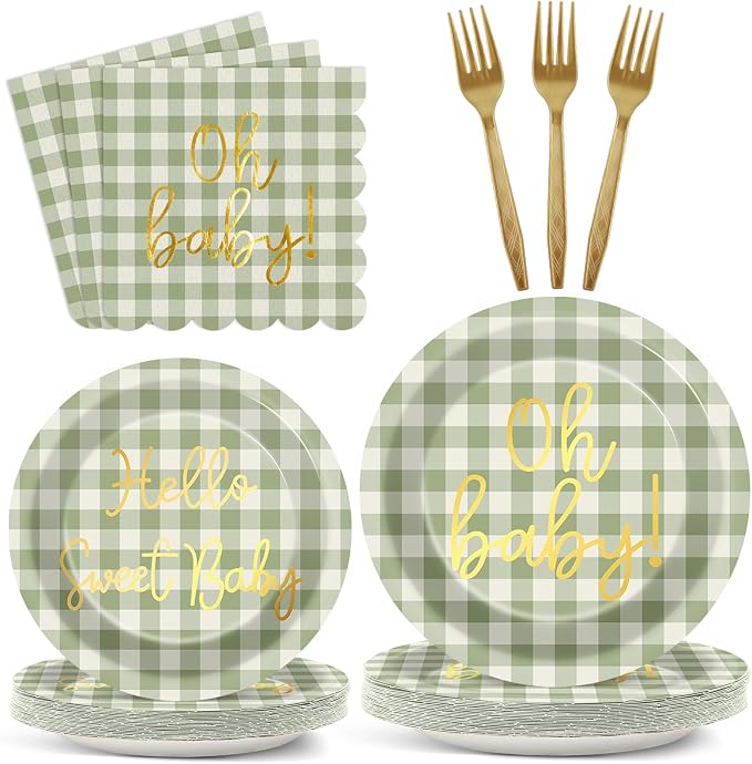 96PCS Sage Green Baby Shower Decorations Gold Sage Green Checkered Paper Plates Scalloped Napkins Tableware Set Hello Sweet Baby Disposable Dinnerware Favor for Gender Reveal Birthday Party Supplies