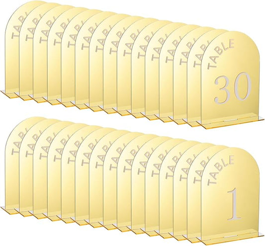 uxcell 30pcs 4.8 x 7 Inch Gold Arch Acrylic Sign with Stand, Acrylic Arch Table Number Holders for Wedding Table Centerpiece Decoration（Number 1-30）