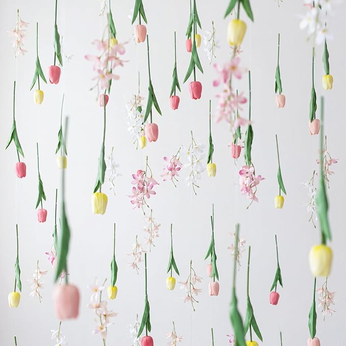 6 Pcs 35.4ft Artificial Tulips Hanging Flower Garlands with Hooks, Spring Faux Tulip and Wildflower Ceiling Vines, Mixed Colors Floral Backdrop for Wedding Party Home Wall Arch Decor