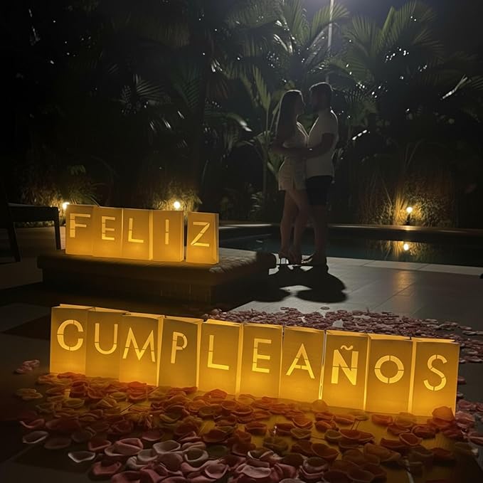 WYMM Feliz Cumpleaños Happy Birthday Light Up Letters in Spanish - Luminary Bags Happy Birthday Decorations with Tea Lights Candles and Rose Petals - Feliz Cumpleaños Banner For Your Loved One