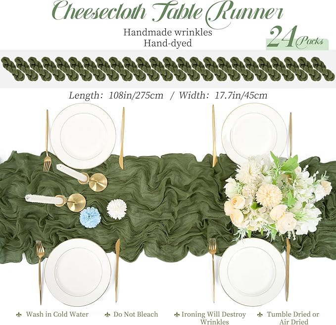 24 Packs Olive Green Table Runner, Charming Cheesecloth Table Runner 17 x 108inch, Gauze Boho Wedding Decoration Rustic Sheer Fabric Cheese Cloth Table Runners for Wedding Party Bridal Shower