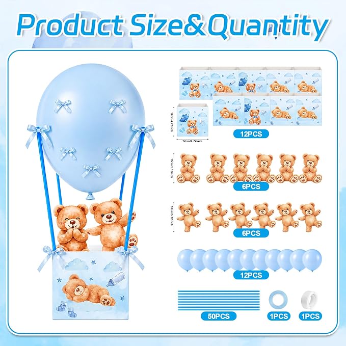 Cinrobiye 12 Sets Teddy Bear Baby Shower Centerpieces for Tables, Bear Favor Boxes with Balloons, Ribbons Paper Straws, DIY Table Decorations for Gender Reveal, Baby Shower, Birthday Party Supplies