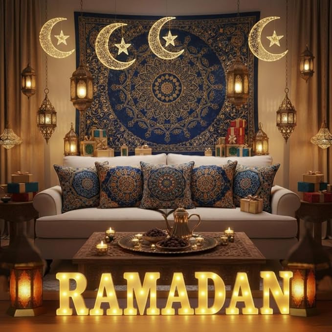7 Pieces Large Ramadan LED Letter Lights Sign Ramadan Eid LED Marquee Lights Table Decoration for Eid Home Party Gift Tabletop Decoration