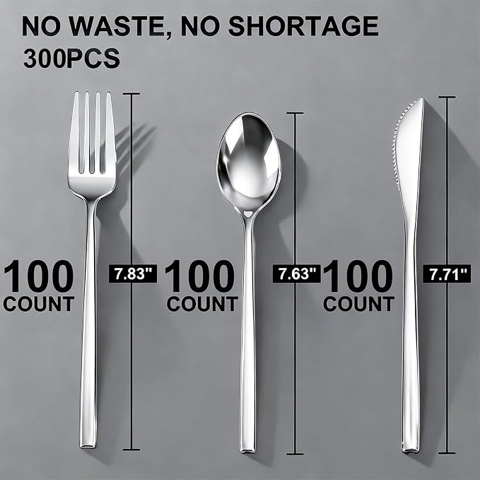 Tinybee 300PCS Silver Plastic Silverware - Heavy Duty Plastic Silverware, Luxury Silver Disposable Utensils - Elegant Disposable Utensil Include 100 Knives, 100 Forks, 100 Spoons for Party&Wedding