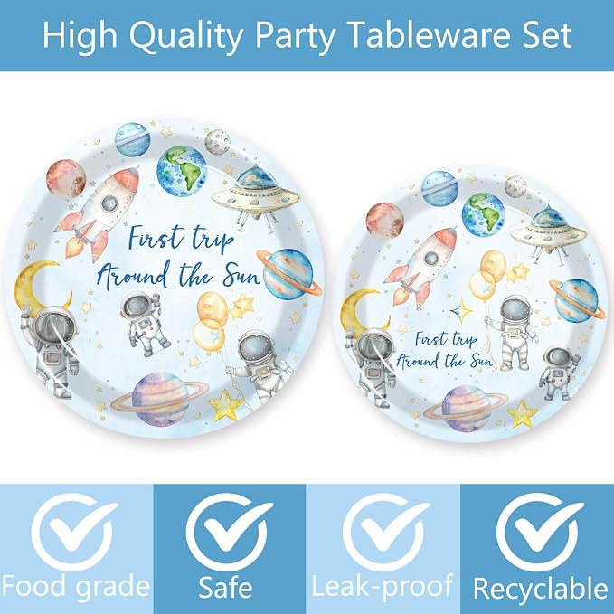 100 Pcs Outer Space 1st Birthday Party Supplies - Space First Trip Around The Sun Plates Napkins Forks Paper Cups for Space Galaxy Astronaut Theme Boys 1st Birthday Decorations(20 guests)