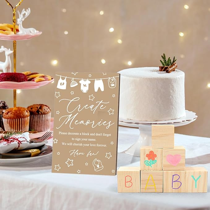97 Pcs Baby Shower Games Sign Kit,Including Decorate a Block Game Sign 72 DIY Blank Wooden Block 24 Pen to Draw Your Idea for Baby Shower Game Gender Reveal Party