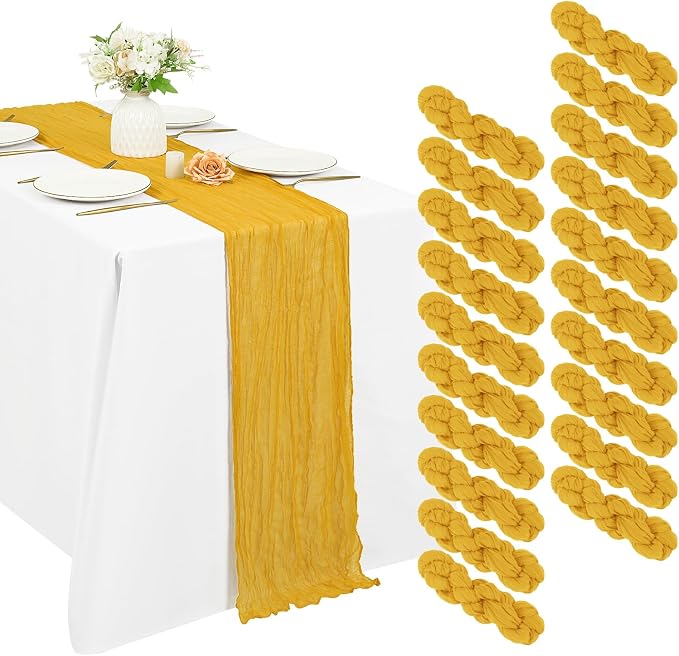 20 Pack Cheesecloth Table Runner 17 x 108 inch Long Boho Gauze Table Runners Semi Sheer Table Runner for Wedding Decor, Baby Shower, Birthday Party, Banquet (Gold)