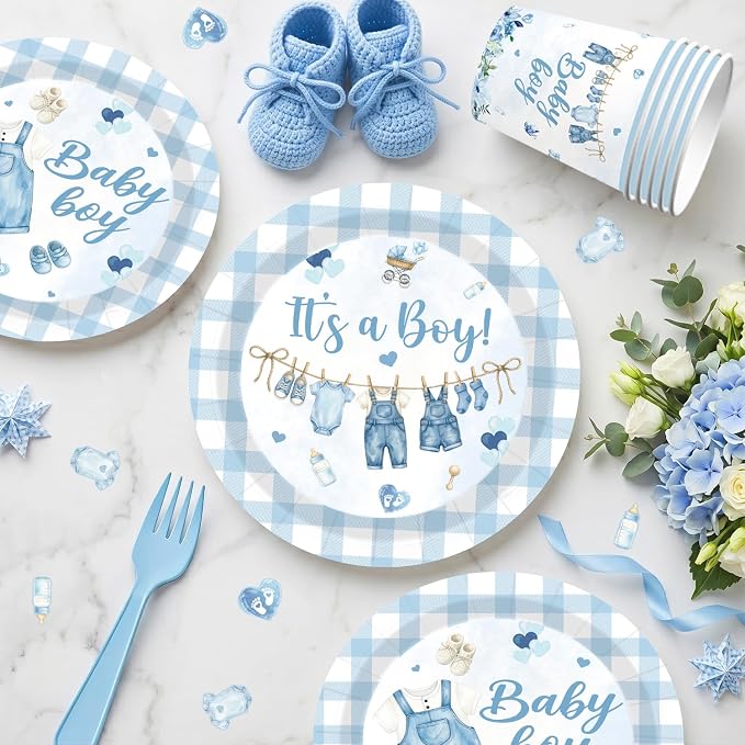 Blue Baby Boy Shower Decorations,224PCS Disposable Plates Napkins Set,Banner, Hanging Swirls, Centerpieces,Cake Topper,Tablecloth,Baby Shower Decorations for Boy Serves 24