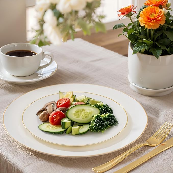 Nervure 100Pcs Ivory and Gold Plastic Plates - 10.25inch Disposable Ivory Dinner Plates - Heavy Duty Plastic Plate Ideal for Wedding & Party & Mothers Day