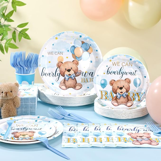 Havawish 250 Pcs Blue Bear Baby Shower Plates and Napkins Decoration We Can Bearly Wait Party Supplies Tableware Set Severs 50 Disposable Plates for Baby Boy Gender Reveal Party Supplies
