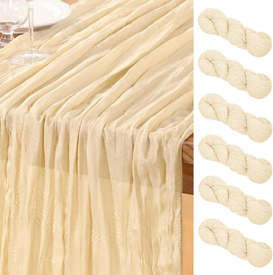 DeZerlor Beige Cheesecloth Table Runner 6 Pack Spring Easter Table Runners 120 Inches Boho Gauze Cream Cheese Cloth Table Decor for Wedding Bridal Baby Shower Parties