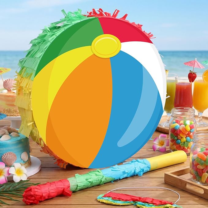 Blosssound Beach Ball Piñata Summer Pool Party Decorations Supplies Rainbow Pool Ball Piñata Set with Stick Blindfold for Hawaiian Tropical Luau Beach Theme Birthday Baby Shower Celebration Decor