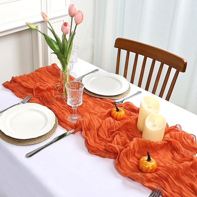 16 Pack Table Runner Orange Cheesecloth 10ft Boho Gauze Fabric 120 Inch Cheese Cloth Table Runner Rustic Sheer for Holiday Baby Shower Party Décor Home Wedding Decoration