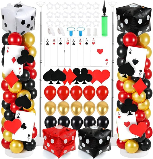 2 Sets Casino Theme Balloon Column Stand Kits Red Black Gold Balloons Column Kit with Dice Poker Tower Stand Kit 2 Sets Balloons Tower Sets for Las Vegas Game Night Themed Party Supplies