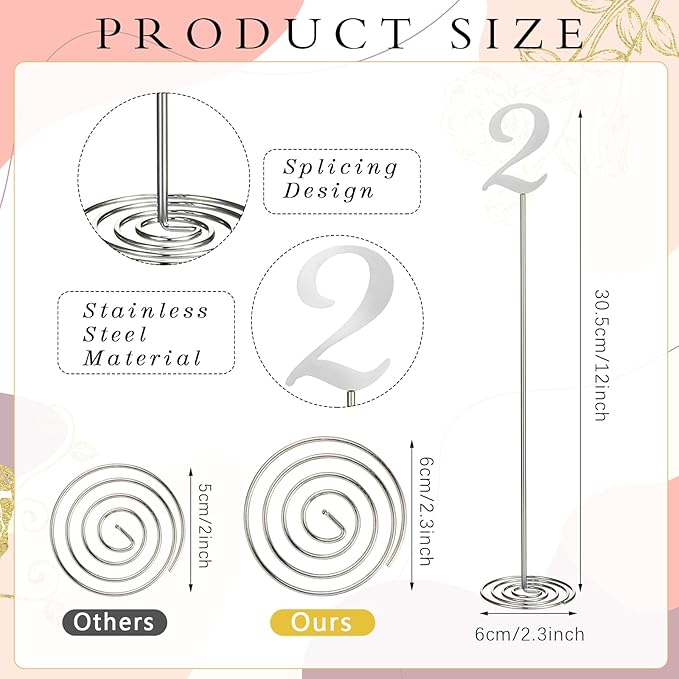 Therwen 20 Pcs Metal Table Numbers 1-20 Table Numbers for Wedding Reception 12 Inch Stainless Steel Party Desk Figure with Sturdy Holder Base for Banquet Wedding Party Event Catering(Silver)