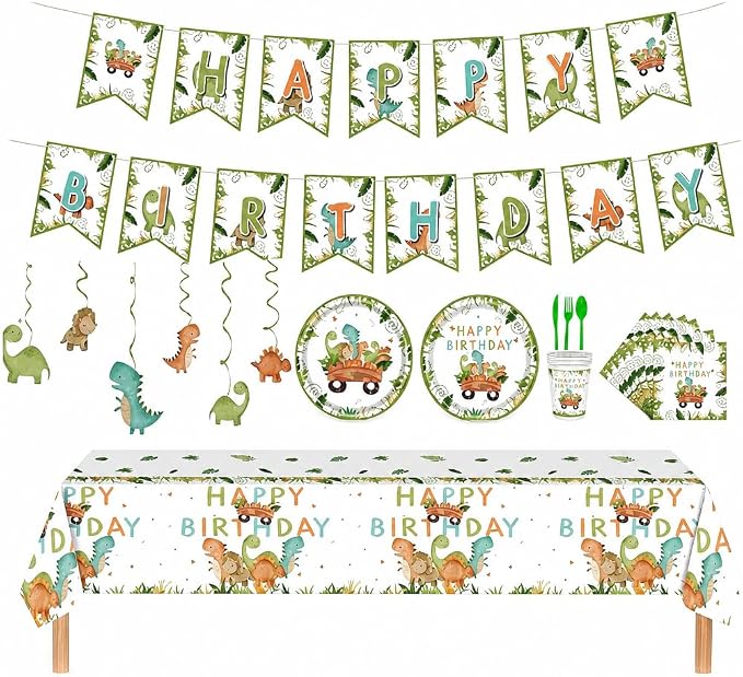Dinosaur Birthday Decorations Party Supplies Kit, 88 PCS Dino Party Decorations Tableware Set Serves 16 with Plates Cups Napkins Cutlery Tablecloth Banner Hanging Swirls for Prehistoric Theme