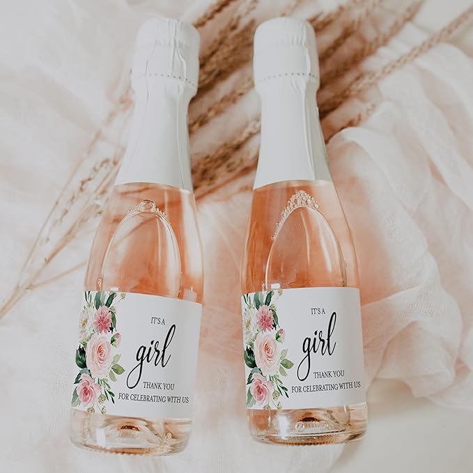 It’s a Girl Mini Champagne Bottle Labels ● SET of 12 ● Pink Baby Shower Mini Champagne Label, About to POP Thank You for Celebrating with us Favors Stickers Gender Reveal WATERPROOF (Floral)