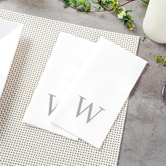 Luxenap 15.8 X 7.9 Inch Linen-Feel Guest Towels, 50 Lettered Hand Towels - Silver Letter 'W', Sans Serif Font, White Paper Dinner Napkins, airlaid, For Restrooms And Tables - Restaurantware