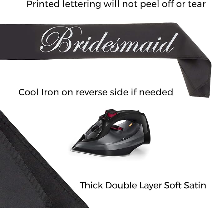 Ella Celebration Bridesmaid Double Layer Sash Set, Black Satin Bridal Shower Bachelorette Party Accessories Sashes (Bridesmaid, Set of 5)